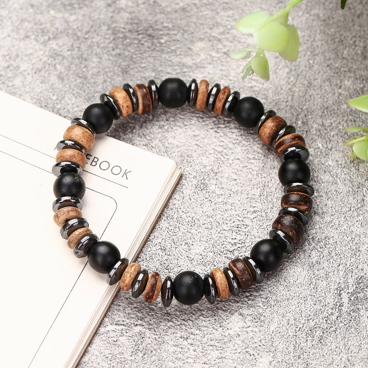 Bracciale Olivenorma in onice nero, ematite, bronzite, 8 mm, perline