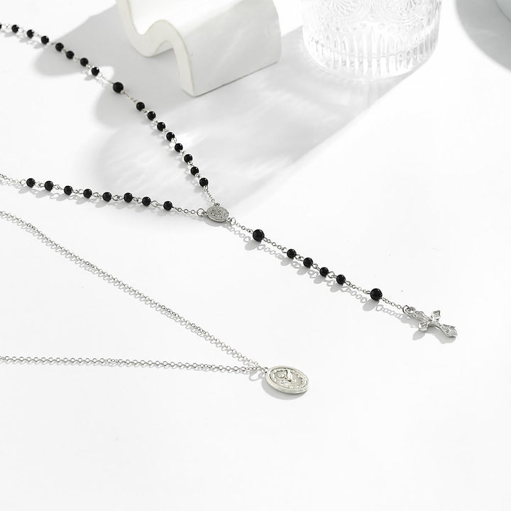 Collana con ciondolo a croce con medaglia sacra in perline di ossidiana Olivenorma 