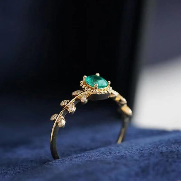 Olivenorma Anello Vintage Foglia di Smeraldo con Zircone 