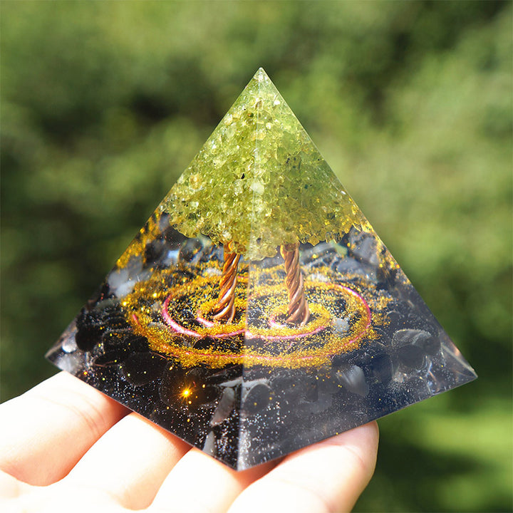 Olivenorma Peridoto con ossidiana Albero della vita Piramide di orgone 