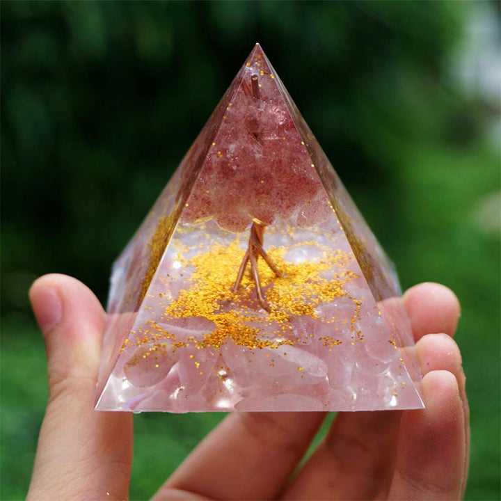 Olivenorma Albero della Vita Quarzo Fragola con Piramide Orgonica in Quarzo Rosa 