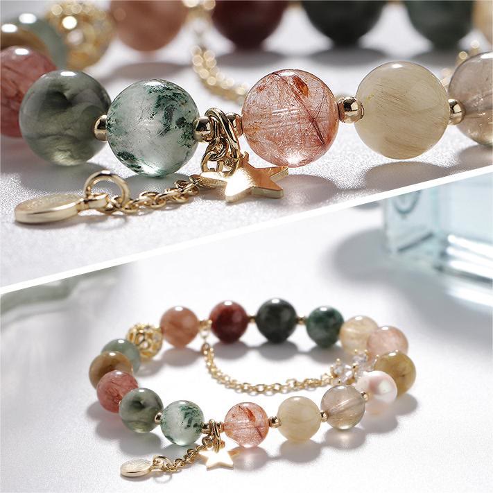 Bracciale Olivenorma con perline di luna, stella e quarzo rutilato in oro e tormalina 