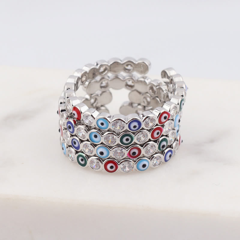 Olivenorma Anello regolabile con zircone bianco e colorato malocchio 