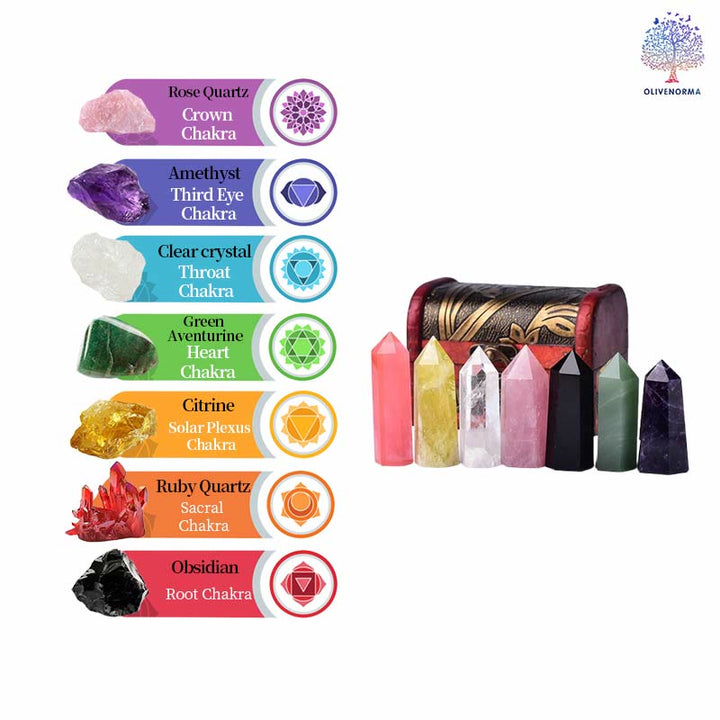 Olivenorma Set di decorazioni in pietra energetica con sette bacchette di cristallo naturale 