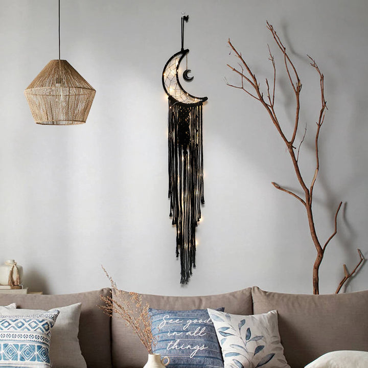 Olivenorma Acchiappasogni con nappa in macramè a forma di luna in onice nero 