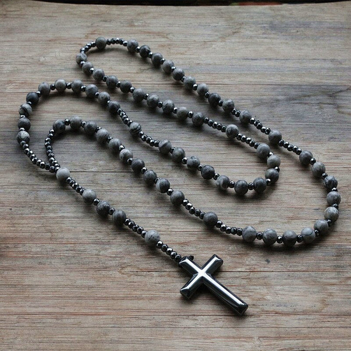 Collana rosario da uomo con croce in lapislazzuli e occhio di tigre Olivenorma