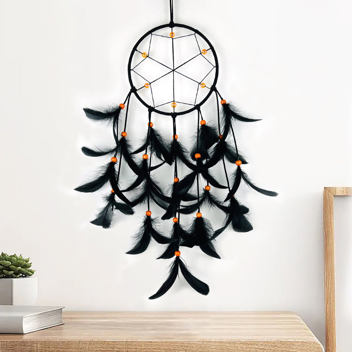 Olivenorma Piuma Nera Perline Arancioni Acchiappasogni di Halloween 