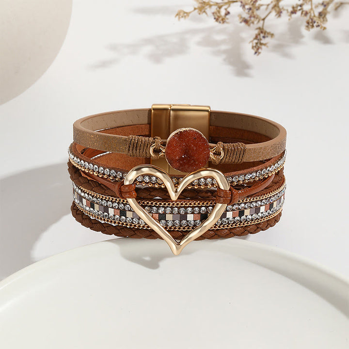 Olivenorma Bracciale in pelle intrecciata con cuore metallico e cristalli multicolori 