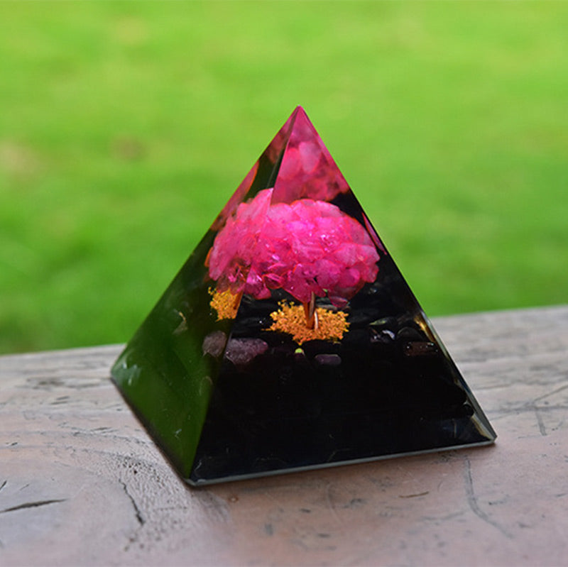 Piramide di orgone curativa in ossidiana Olivenorma con cristallo rosa