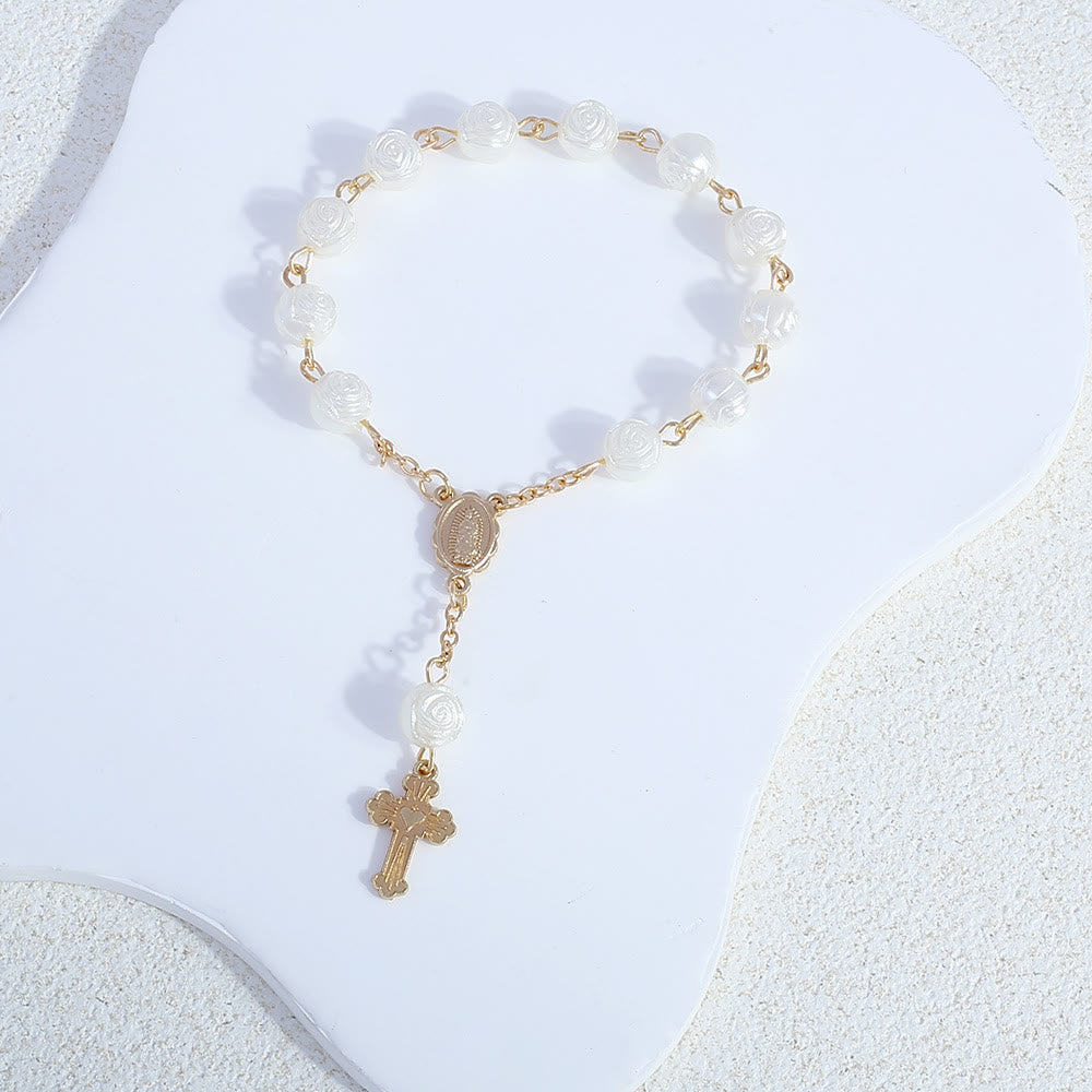 Olivenorma Braccialetto rosario con croce cristiana e fiore bianco 