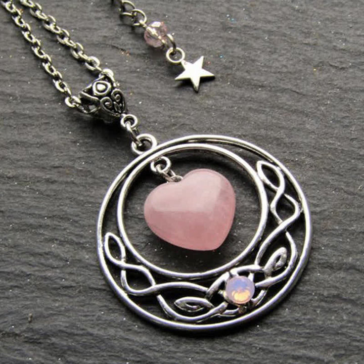 Collana con cuore, luna e stella in quarzo rosa della Boemia Olivenorma 
