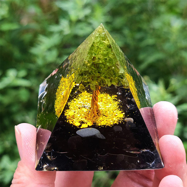Olivenorma Ossidiana con Peridoto Albero della Vita Piramide Orgonica