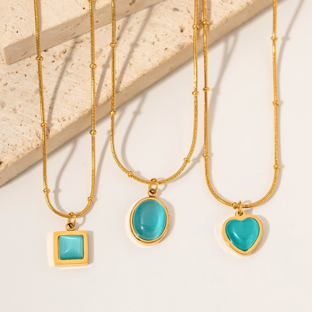 Collana con ciondolo a forma di cuore quadrato in pietra occhio di gatto blu Olivenorma