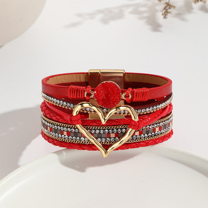Olivenorma Bracciale in pelle intrecciata con cuore metallico e cristalli multicolori 