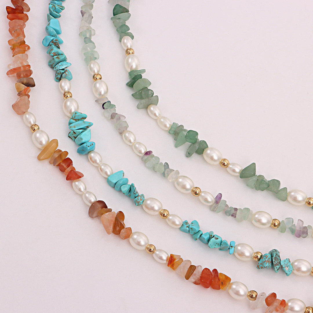 Collana con perle bohémien naturali e pietre irregolari Olivenorma 