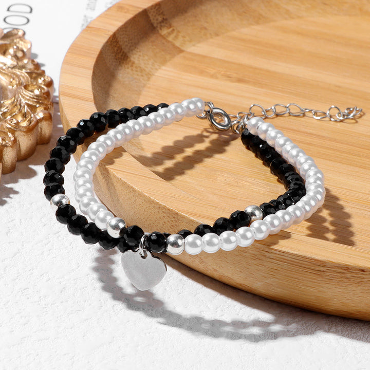 Olivenorma Bracciale Doppio Strato con Ciondolo a Cuore in Perla e Pietra Sfaccettata