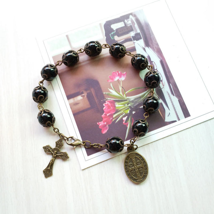 Olivenorma Ossidiana Medaglia Sacra Croce Pendente Rosario Bracciale 