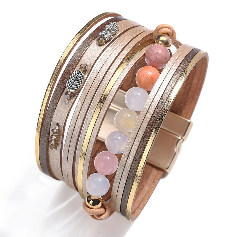 Bracciale multistrato in pelle con perline di cristallo naturale Olivenorma 