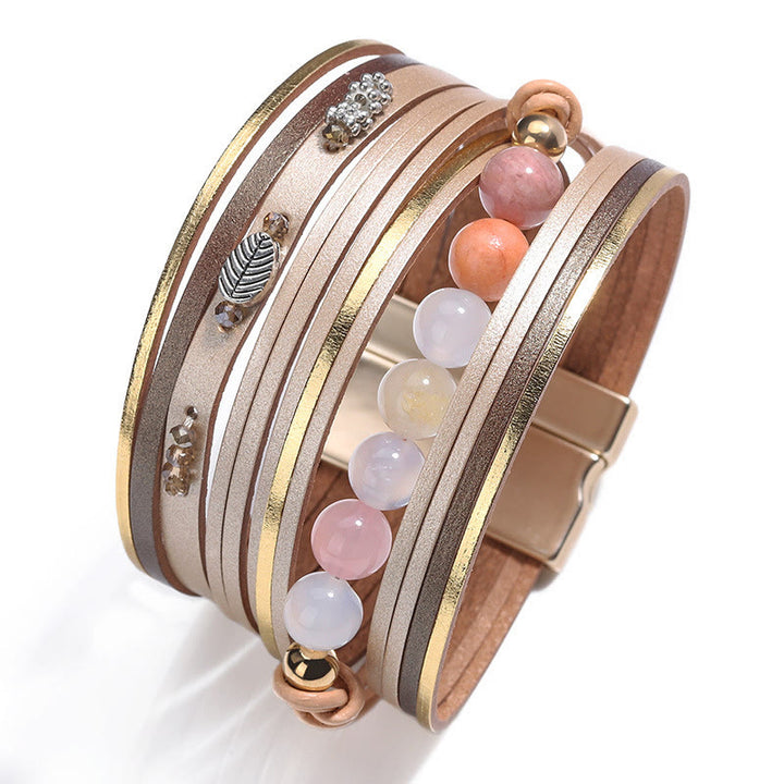 Bracciale multistrato in pelle con perline di cristallo naturale Olivenorma 