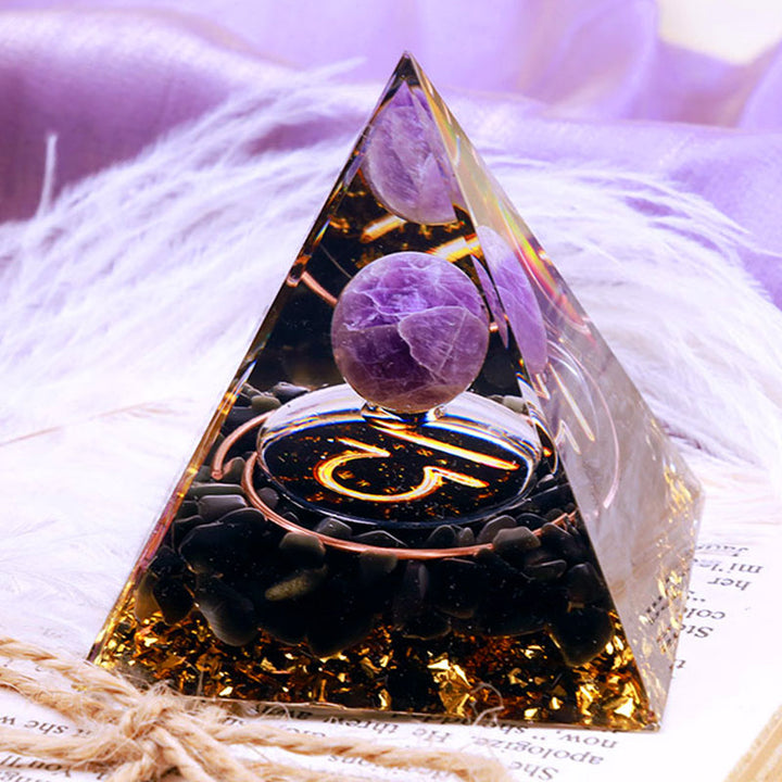 Sfera di ametista Olivenorma con piramide di orgone dello zodiaco Bilancia in ossidiana 