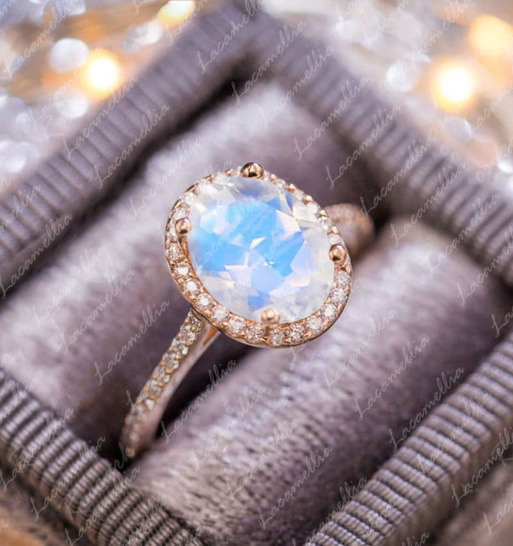 Anello di lusso in oro rosa con pietra di luna Olivenorma 