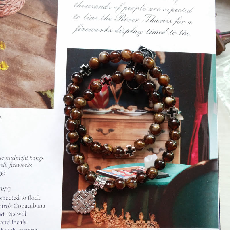 Braccialetto rosario con ciondolo a croce in occhio di tigre Olivenorma