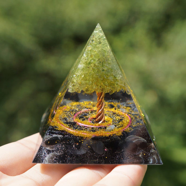 Olivenorma Peridoto con ossidiana Albero della vita Piramide di orgone 