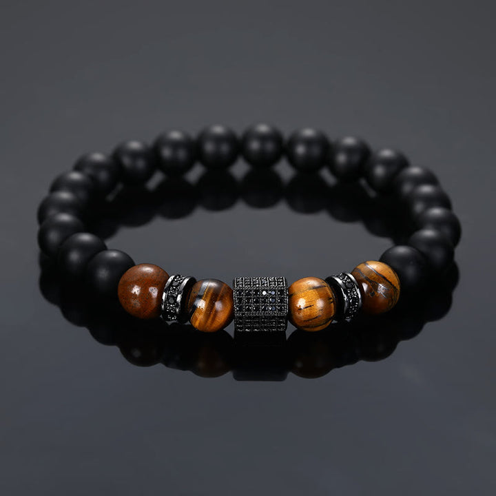 Olivenorma Bracciale da uomo in perline nere smerigliate con occhio di tigre
