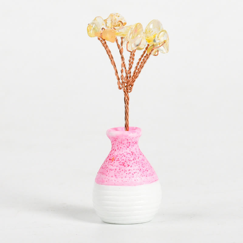 Decorazione in pietra preziosa con vaso rosa in cristallo Olivenorma Tree of Life