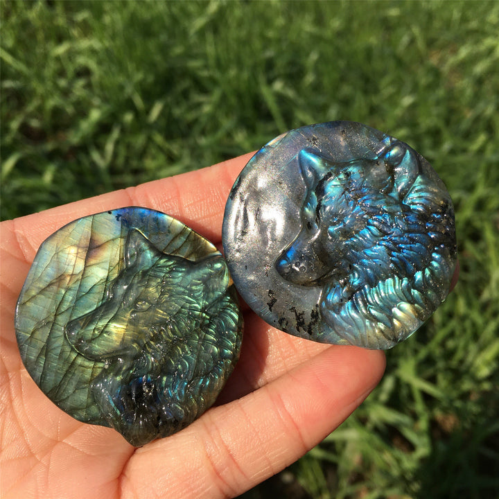 Decorazione in pietra preziosa totem di lupo labradorite naturale Olivenorma 