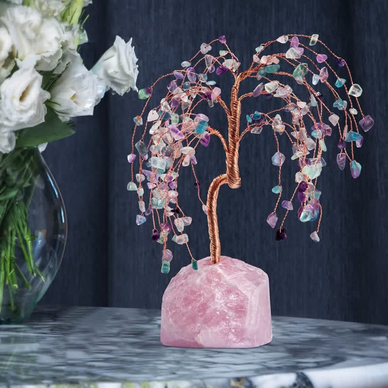 Foglie di fluorite Olivenorma Base in quarzo rosa Albero Feng Shui 