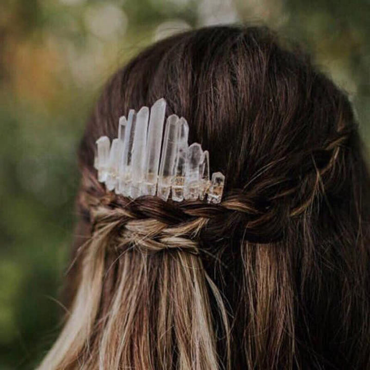 Pettine per capelli a forma di U in cristallo naturale con corona di cristallo