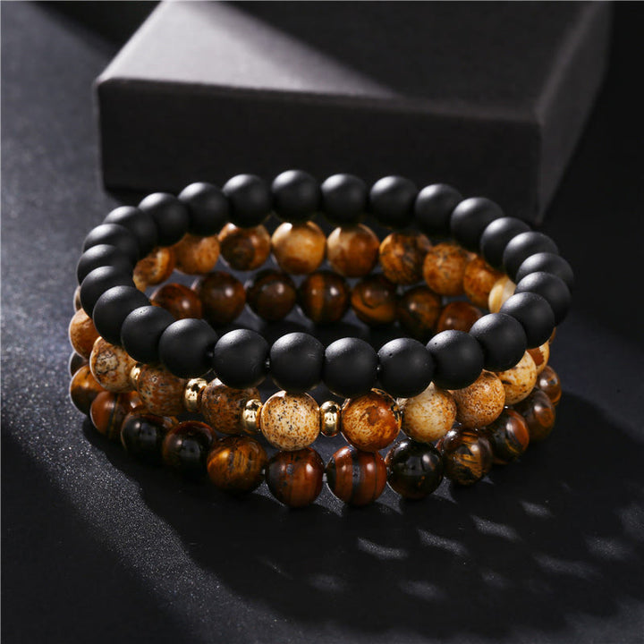 Olivenorma 3 pezzi Picture Jasper Tiger Eye Braccialetti di perline di onice nero