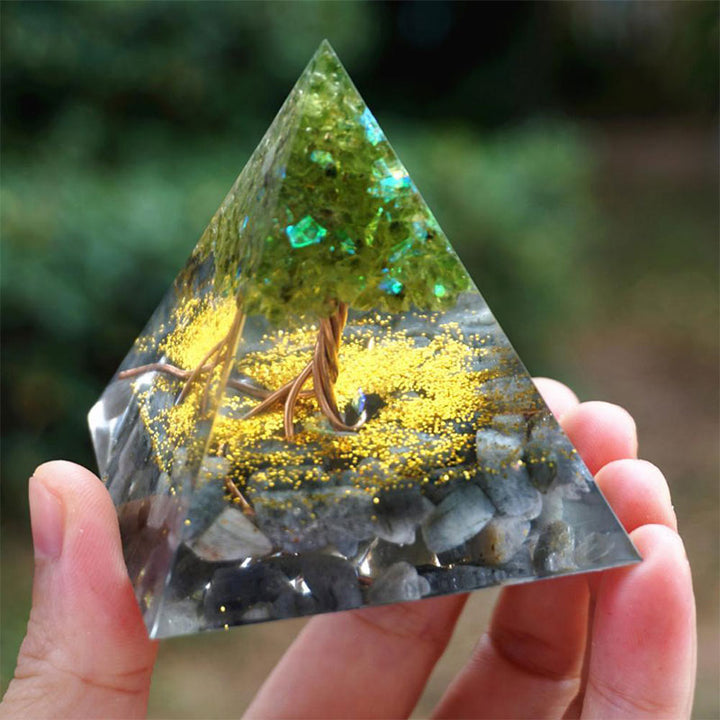 Olivenorma Albero della Vita Peridoto Con Pietra di Luna Grigia Piramide Orgonica