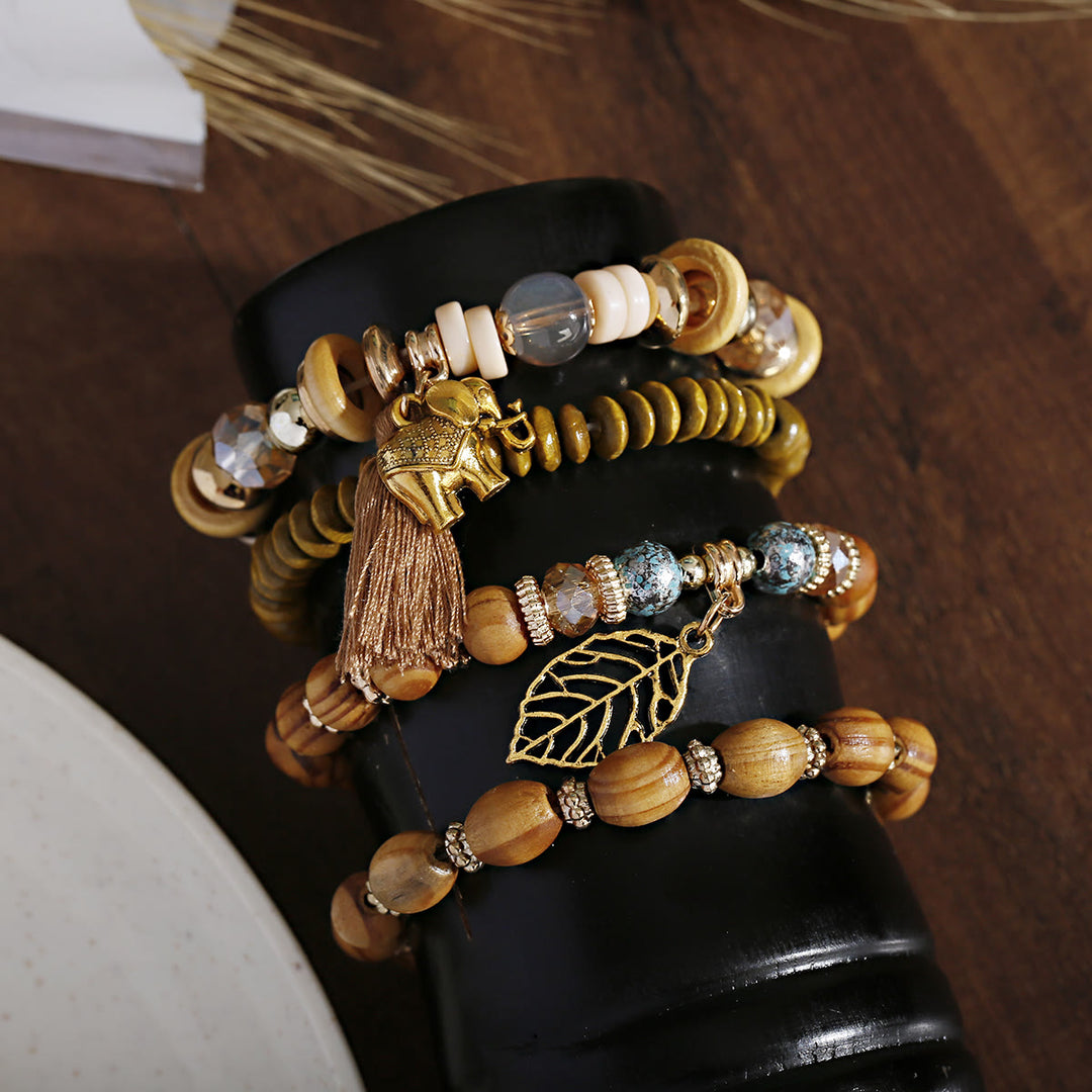 Olivenorma Bohemia Elephant Leaf Tassel Pendant Bracelet Set 