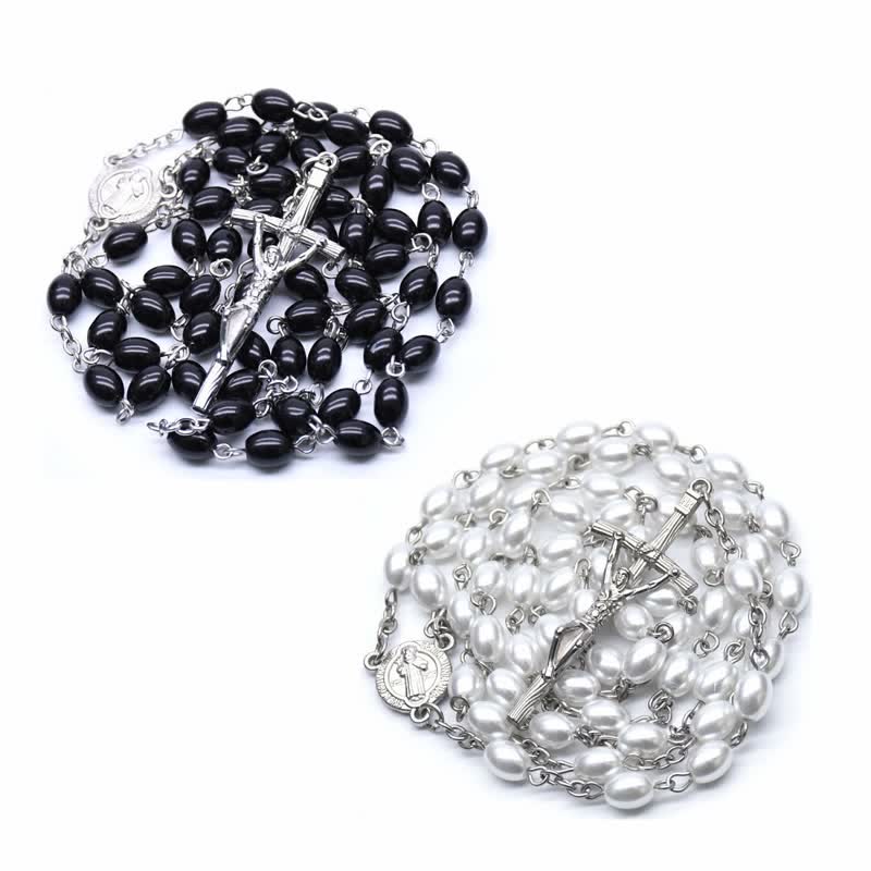 Collana rosario Olivenorma con croce gotica in onice nero o perla