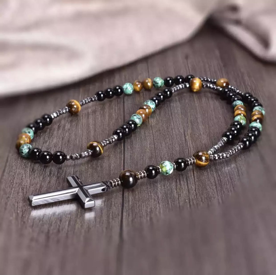 Collana con ciondolo rosario in pietra naturale cattolica Olivenorma Cross