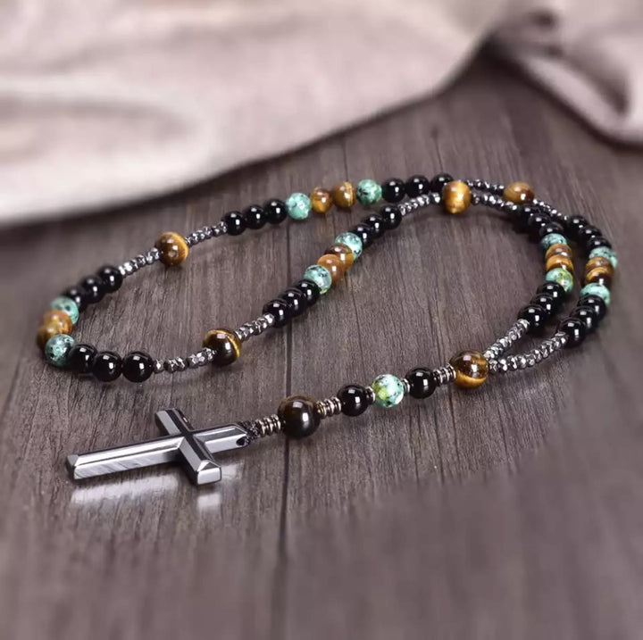 Collana con ciondolo rosario in pietra naturale cattolica Olivenorma Cross