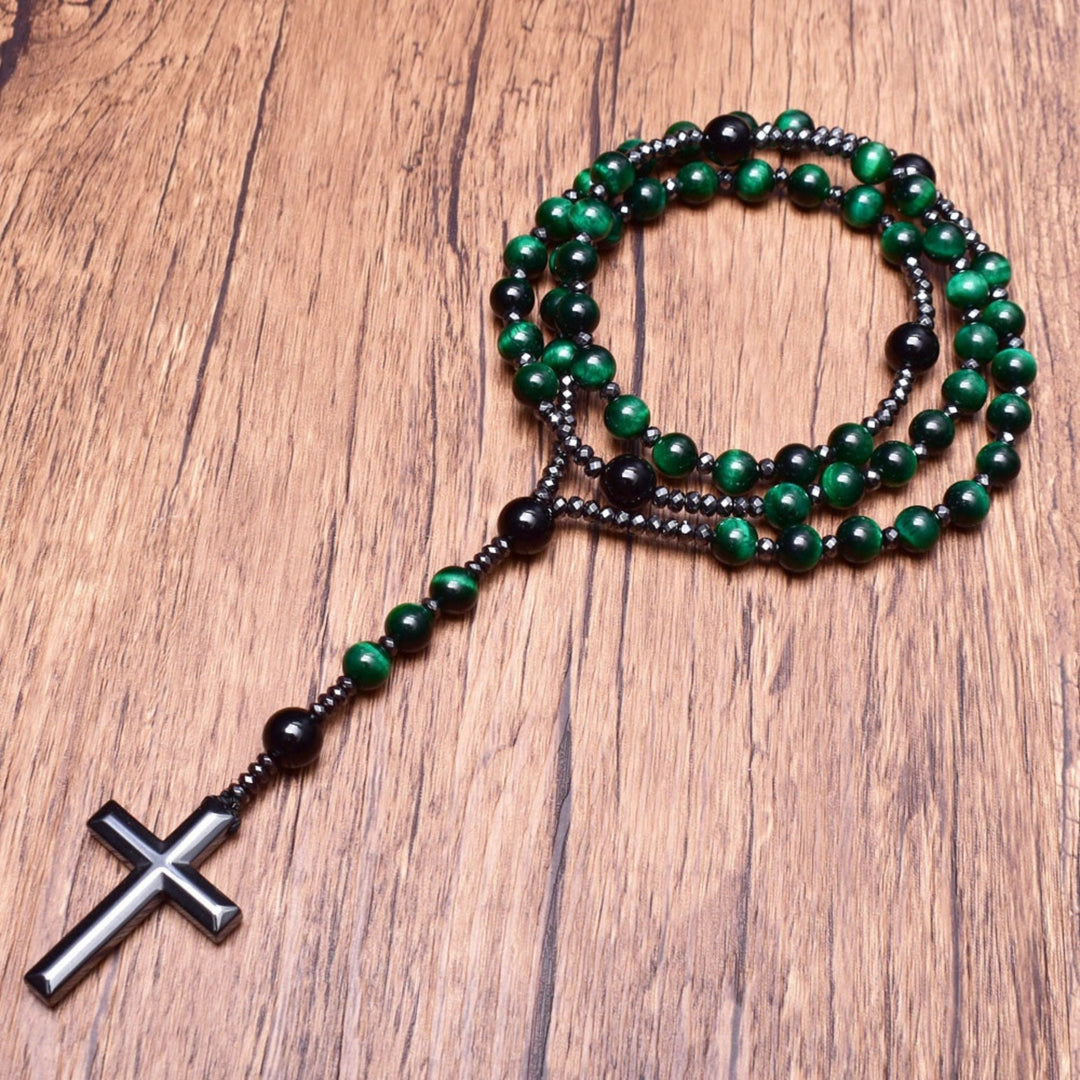 Collana rosario da uomo con croce in lapislazzuli e occhio di tigre Olivenorma