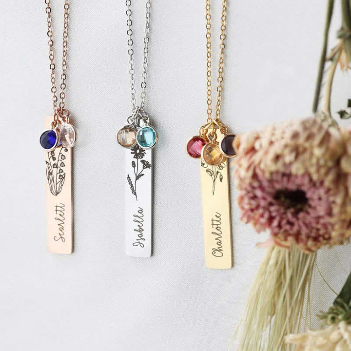 Olivenorma Collana personalizzata con fiore di nascita e pietra portafortuna con nome