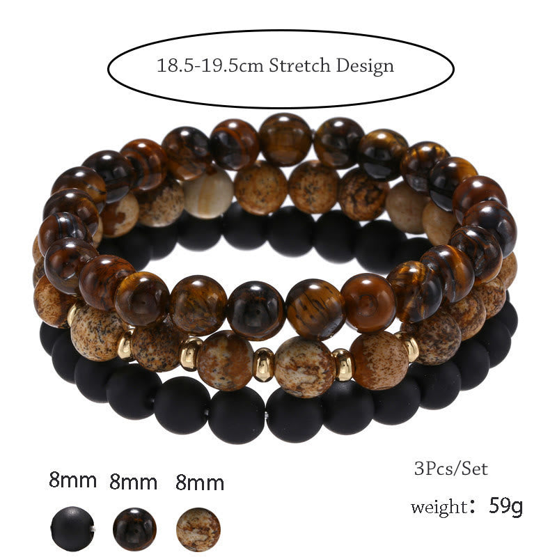 Olivenorma 3 pezzi Picture Jasper Tiger Eye Braccialetti di perline di onice nero