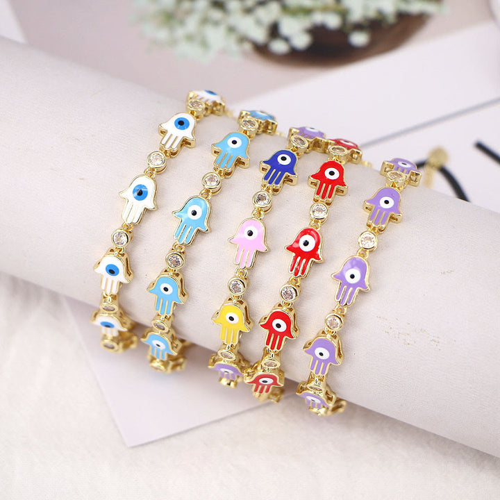 Olivenorma Bracciale Hamsa con Zircone Smaltato Colorato e Occhio Malvagio 