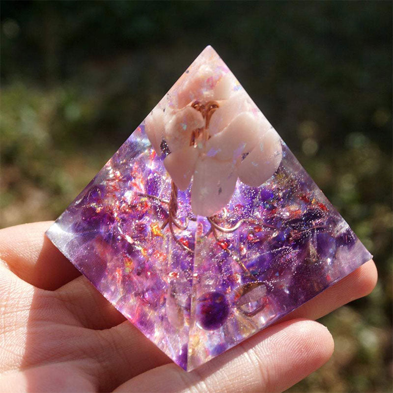 Olivenorma Albero della vita Piramide di orgone in opale rosa con ametista 