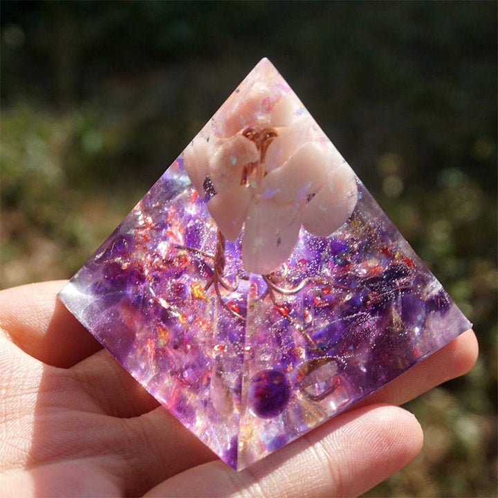 Olivenorma Albero della vita Piramide di orgone in opale rosa con ametista 