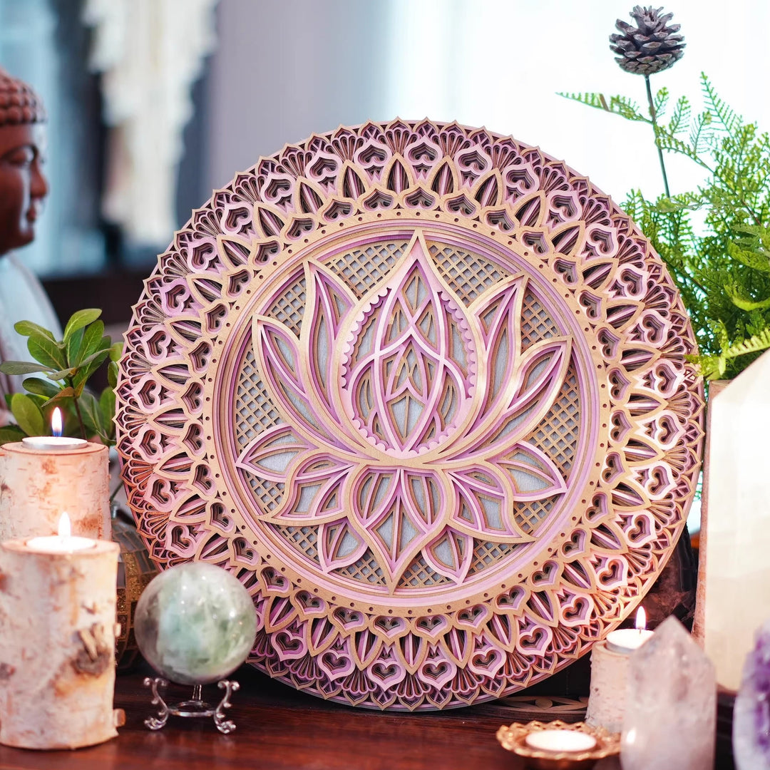 Olivenorma Decorazione murale con incisione 3D Mandala di loto rosa