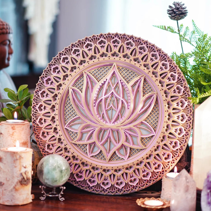 Olivenorma Decorazione murale con incisione 3D Mandala di loto rosa