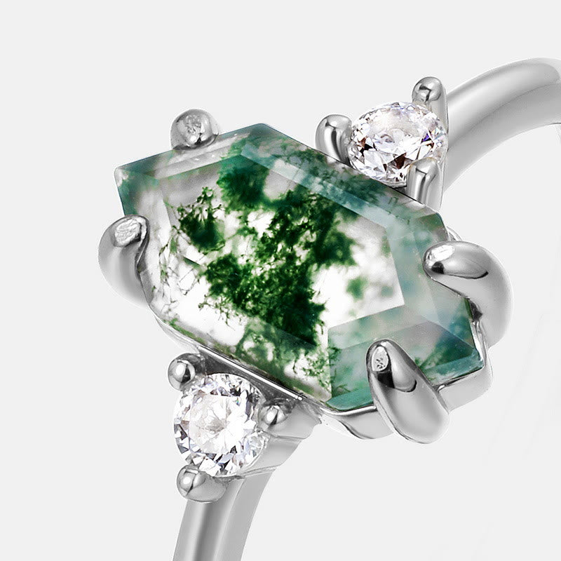 Anello regolabile Olivenorma S925 con agata muschiata esagonale e zircone bianco 
