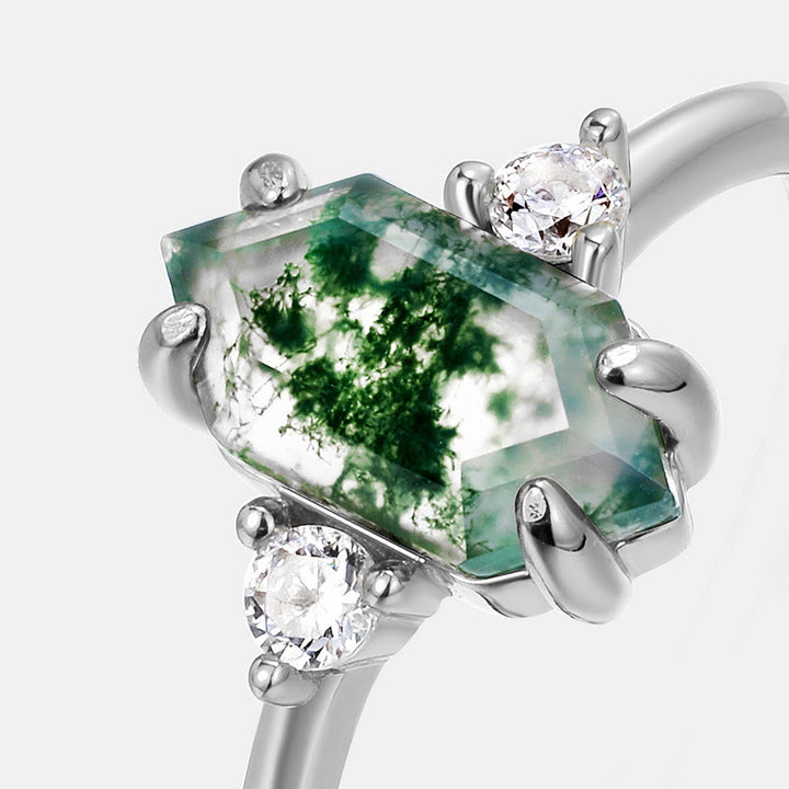 Anello regolabile Olivenorma S925 con agata muschiata esagonale e zircone bianco 