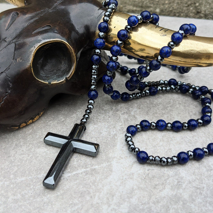 Collana rosario da uomo con croce in lapislazzuli e occhio di tigre Olivenorma