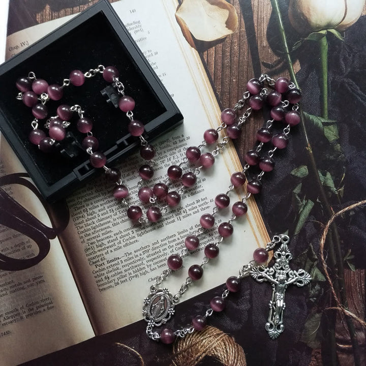 Collana rosario Olivenorma con croce in argento e pietra occhio di gatto viola